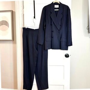 Vintage Navy Blue Pinstripe Double Breasted Pant Suit Set Size 14 Power Suit